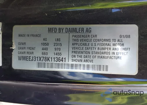 2008 Smart Fortwo Passion/Pure из США, поврежденный, VIN WMEEJ31X78K113641